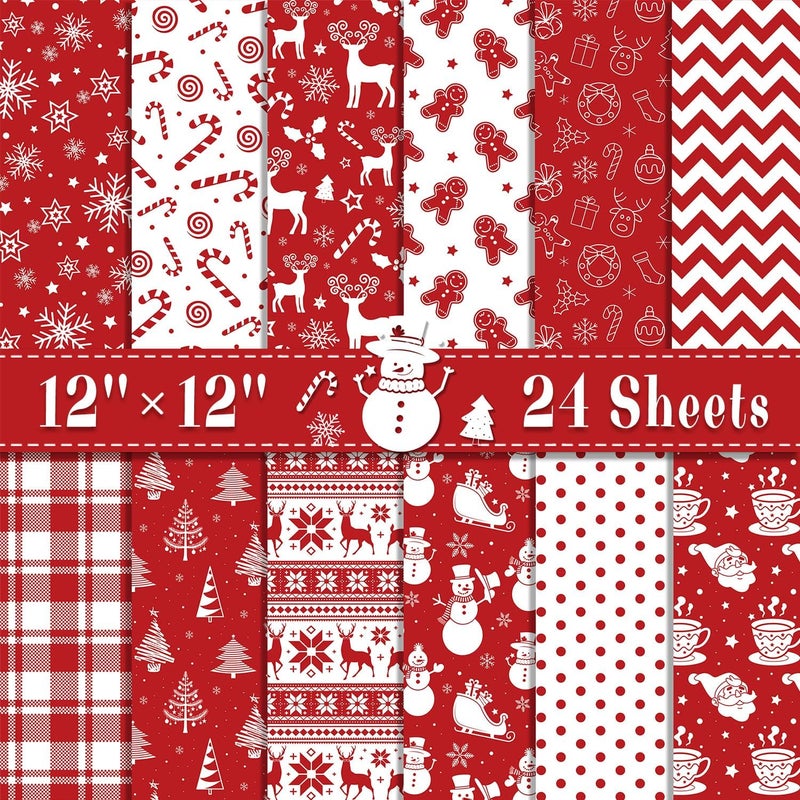 Feivando 24 Sheets Christmas Scrapbook Paper 12'' × 12'' Double-Sided Xmas Red Pattern Paper Decorative Art Cardstock for Holiday DIY Crafts Card Making Scrapbook Supplies - Image 1
